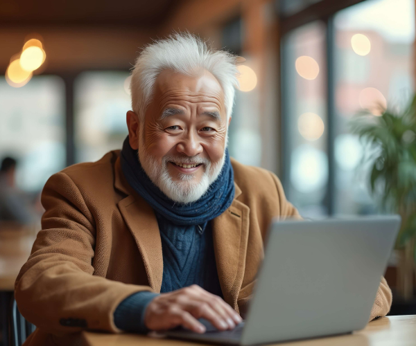 A mature women waving at the computer monitor